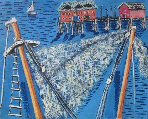 Image of sold oil painting by Irene Rice Pereira of a pier in Provincetown with two red buildings on it in the distance and the masts of a ship in the foreground.