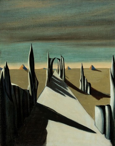 Image of sold oil painting by Kay Sage entitled &quot;White Silence&quot; showing a surrealist landscape with shapes scattered sparsely throughout and a road in the center of the painting going straight out to the horizon.