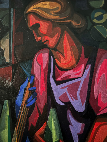 Closeup detail of red-skinned woman in purple apron in the painting &quot;Ballad for Two Women&quot; by Seymour Franks.