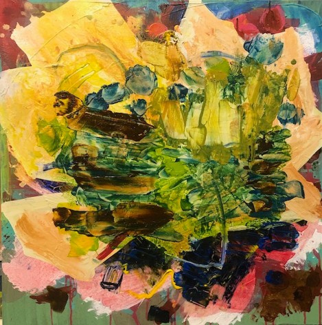 Image of Paula De Luccia's painting entitled &quot;Always at Noon&quot; depicing an abstraction of a yellow flower.