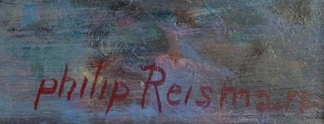 Signature on &quot;Sheltered Harbor&quot; painting by Philip Reisman.