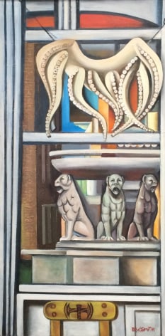 Image of Beatrice Wose Smith modernist painting titled "Reflections of Crete" showing a chair, three canine-like figures at the base of a fountain and an filleted octopus drying on a line hung in a window.