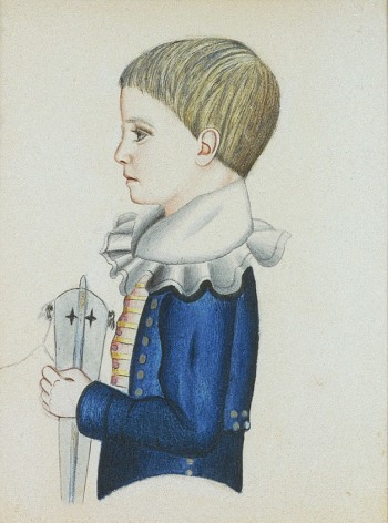 Image of sold watercolor profile portrait of John in a blue jacket holding a kite by Edwin Plummer.