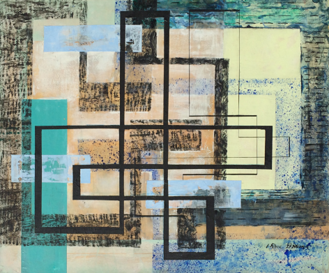 Image of Irene Rice Pereira's sold abstract watercolor and gouache painting in yellow, green, black, blue and browns.