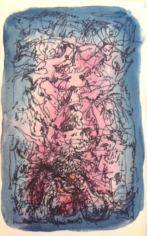 Image of abstract untitled mixed media painting by Hans Burkhardt with pink and blue background covered by wild black lines.