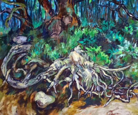 Oil painting of spruce roots in Stonington, ME by Easton Pribble.