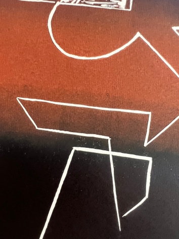 Image of close-up on untitled 1972 abstract lithograph by Hans Burkhardt in white, black and browns.