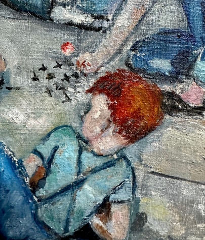 Closeup detail image of untitled oil painting by Eugene Schein showing children playing jacks on a sidewalk.