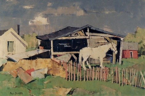 Image of sold oil painting by Paul Sample of a white horse in a pasture near some dilapidated buildings.