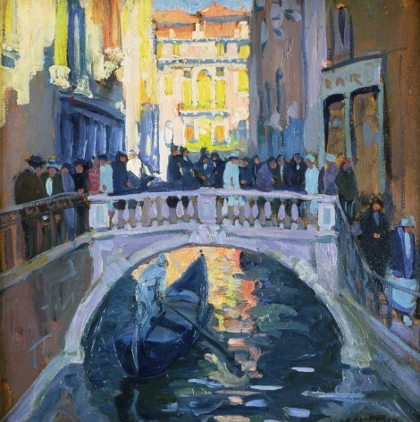 Image of sold oil painting by Jane Peterson of a scene in Venice with many people walking over a canal bridge while a gondola goes underneath.