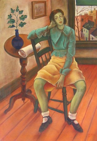 Image of oil painting of green-skinned girl sitting on a chair by Julio De Diego.