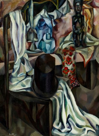 Image of &quot;The Silk Hat&quot; cubist still life painting by artist Arna Brittin showing a black top hat sitting on a chair draped with creamy folded fabric.