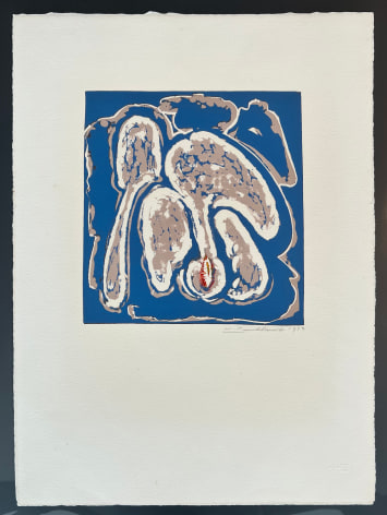 Full sheet image of untitled (012) abstract lithograph bynHans Burkhardt in blue, beige and red.