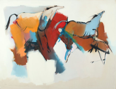 Image of 1962 Walter Quirt painting of two horses done in an abstract manner.