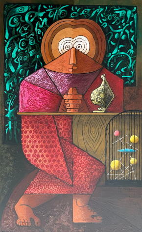 Image of &quot;St. Atomic&quot; painting by artist Julio De Diego showing an abstract humanoid figure dressed in reds and purple with hands folded and resting on a shelf or table.
