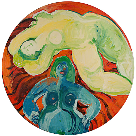 Image of a sold oil tondo of two nude abstract women by Miriam Laufer.