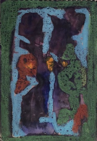 Image of 1961 untitled abstract painting by artist Norris Embry in blues, greens, purples, reds and small splotches of yellow-orange.
