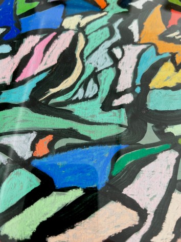 Image of detail on untitled (MaFr007) painting by Fred Martin in pastel and acrylic of greens, blues, oranges with many shapes outlined in black.