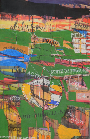 Mixed media artwork by Richard Merkin titled "Bulldog Drummond and the Great Coca-Cola Mystery" showing a green background with stenciled words, numbers and punctuation marks.