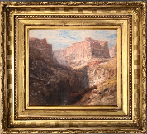Image of gold frame on painting entitled &quot;Tower of Babel, Colorado Canyon&quot; by Samuel Colman, showing rugged hills with huge rock formations.