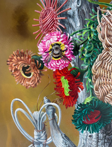 Closeup detail of flowers and bumblebee on&quot;Tree of Life&quot; painting by Aaron Bohrod.