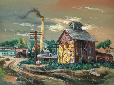 Image of sold Aaron Bohrod landscape painting titled &quot;Artist Sketching&quot; showing an old barn with billboards on it and a seated figure drawing.