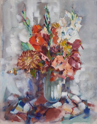 Image of John Costigan 1966 watercolor entitled &quot;Flower Arrangement&quot; showing a vase of gladiolas and other flowers.