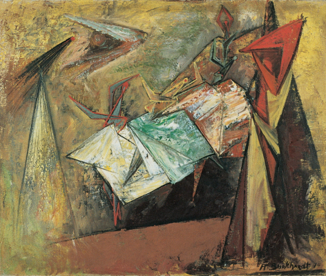Image of sold painting by Hans Burkhardt entitled &quot;Golden Symphony&quot; showing abstract shapes and figures across a golden-brown background..