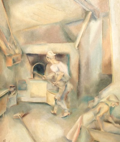 Image of painting of Bread Bakers by artist John Barber showing two figures in bakery depicted in a cubist manner.