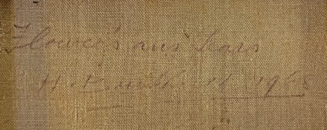 Image of verso inscription on painting &quot;Flowers &amp; Tears&quot; by Hans Burkhardt.