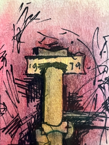 Image of detail on untitled (147) by Hans Burkhardt, showing an abstract architectural element dated 1979.