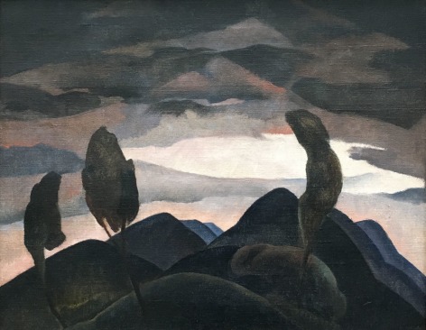 Image of oil painting by William Schwartz titled "A Song Without Words" showing dark hills and trees with a dramatic sky behind them.