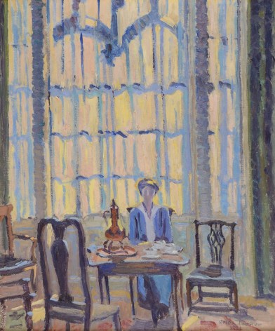 Image of Allen Tucker's sold painting titled &quot;Afternoon Tea&quot; showing a woman sitting at a small table with a tea service in front of a window.