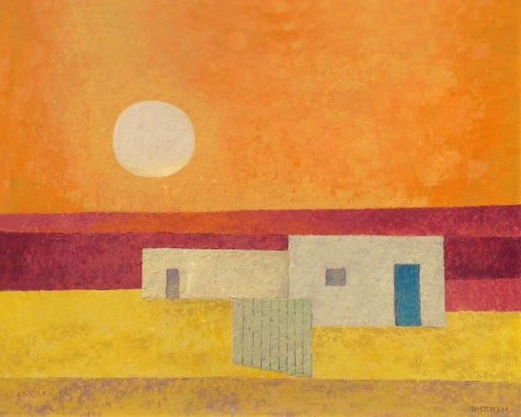 Image of sold oil painting entitled &quot;Three Houses&quot; by Emil Bisttram showing an abstract view of three adobe houses with a moon depicted on an orange, red and yellow background.