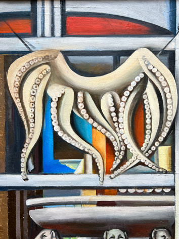 Closeup image of detail from Reflections on Crete painting by Beatrice Wose Smith showing an octopus hanging to dry.