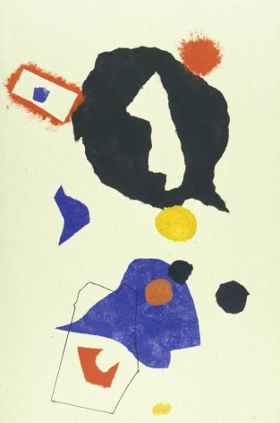 Image of sold mixed media painting entitled &quot;Movement in Red/Black/Blue&quot; by John Von Wicht showing abstract shapes in primary colors and black on a light colored background.