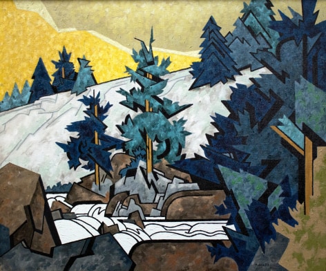 Oil painting of high granite banks along the Moose River by Easton Pribble.