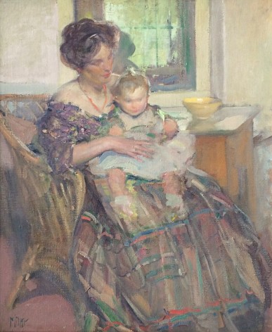 Image of oil painting by Richard E. Miller entitled &quot;Mother and Child&quot; depicting a woman in a plaid dress sitting in a chair with a toddler in her lap.