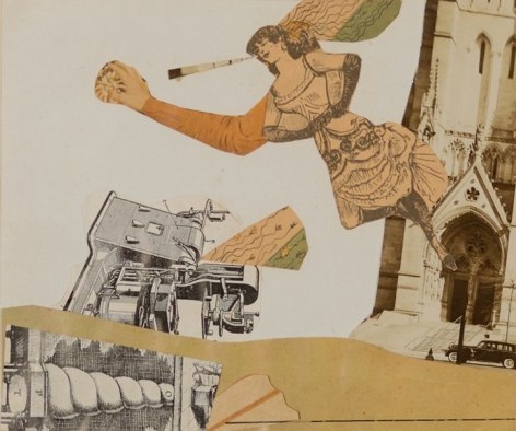 Image of a sold Byron Browne collage of a woman looking through a spyglass with a church and train in the background.
