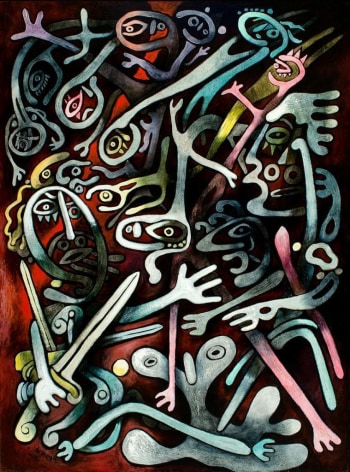 Image of abstract tempera and oil painting entitled &quot;The Magician&quot; by Julio De Diego showing figural and random shapes in many colors.