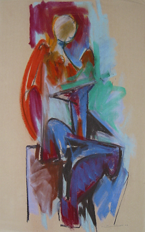 Image of 1963 sold oil painting by Hans Burkhardt depicting a cubist seated nude female.