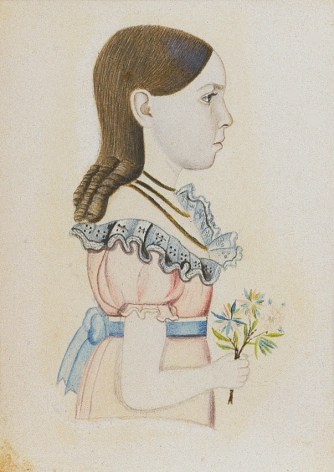 Image of sold watercolor portrait of Elizabeth in profile wearing a pink dress trimmed in blue and holding some flowers by Edwin Plummer.