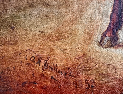 Image of signature and date on &quot;Horse Trade Scene&quot; painting by Otis Bullard.