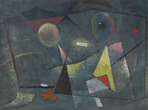 Image of sold abstract painting by John Von Wicht entitled &quot;Vista&quot; in grays, red, yellow and pink.