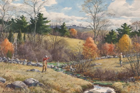 Image of sold painting by Aiden Lassell Ripley entitled &quot;Autumn Cover&quot; showing two hunters in a fall landscape hunting.