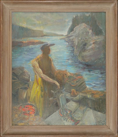Image of wooden frame on &quot;Break of Day, Lobsterman&quot; painting by Edward Christiana.