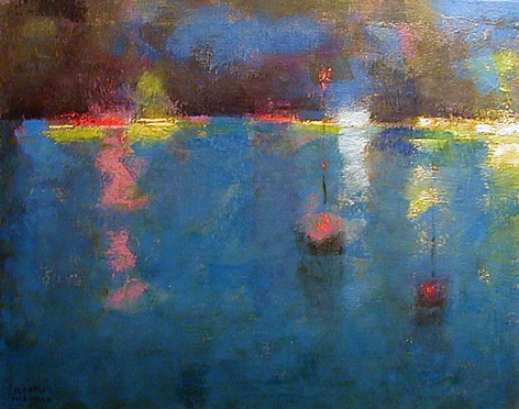 Image of sold oil painting by Martin Friedman entitled &quot;Harbor Nocturne&quot; showing an impressionistic view of a nighttime harbor with boats.