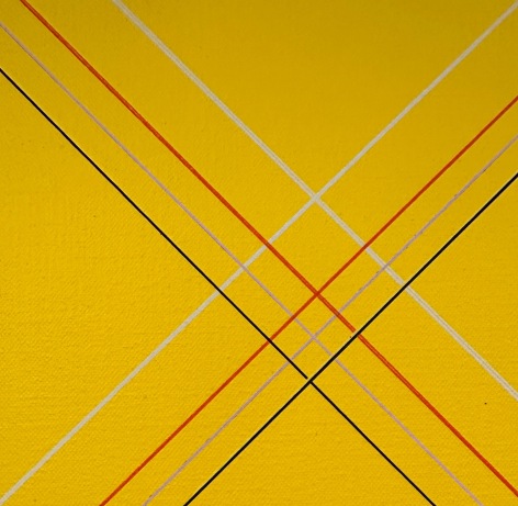 Image detail of Yellow Diamond painting by Naohiko Inukai showing a yellow canvas with thin red, black, white and lavender lines at Caldwell Gallery Hudson.