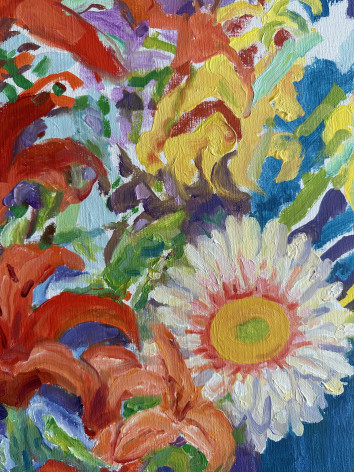 Image of detail on still life oil painting of a blue vase with orange lilies and blazing star flowers by Nell Blaine.