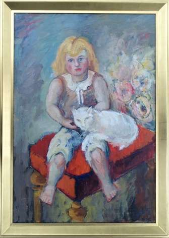 Image of gold frame on &quot;Girl with Cat&quot; painting by Hans Burkhardt.